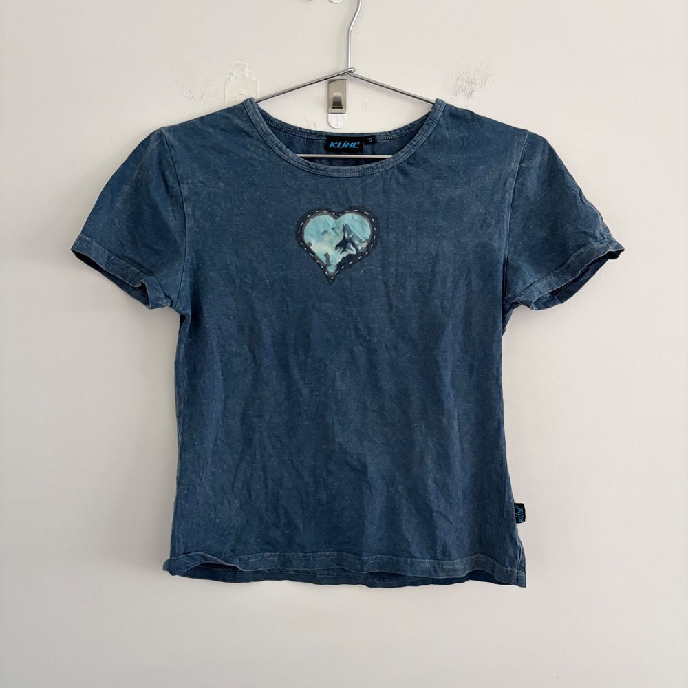Kuhl Womens Blue Acid Wash Heart Graphic Short Sleeve T-Shirt Small